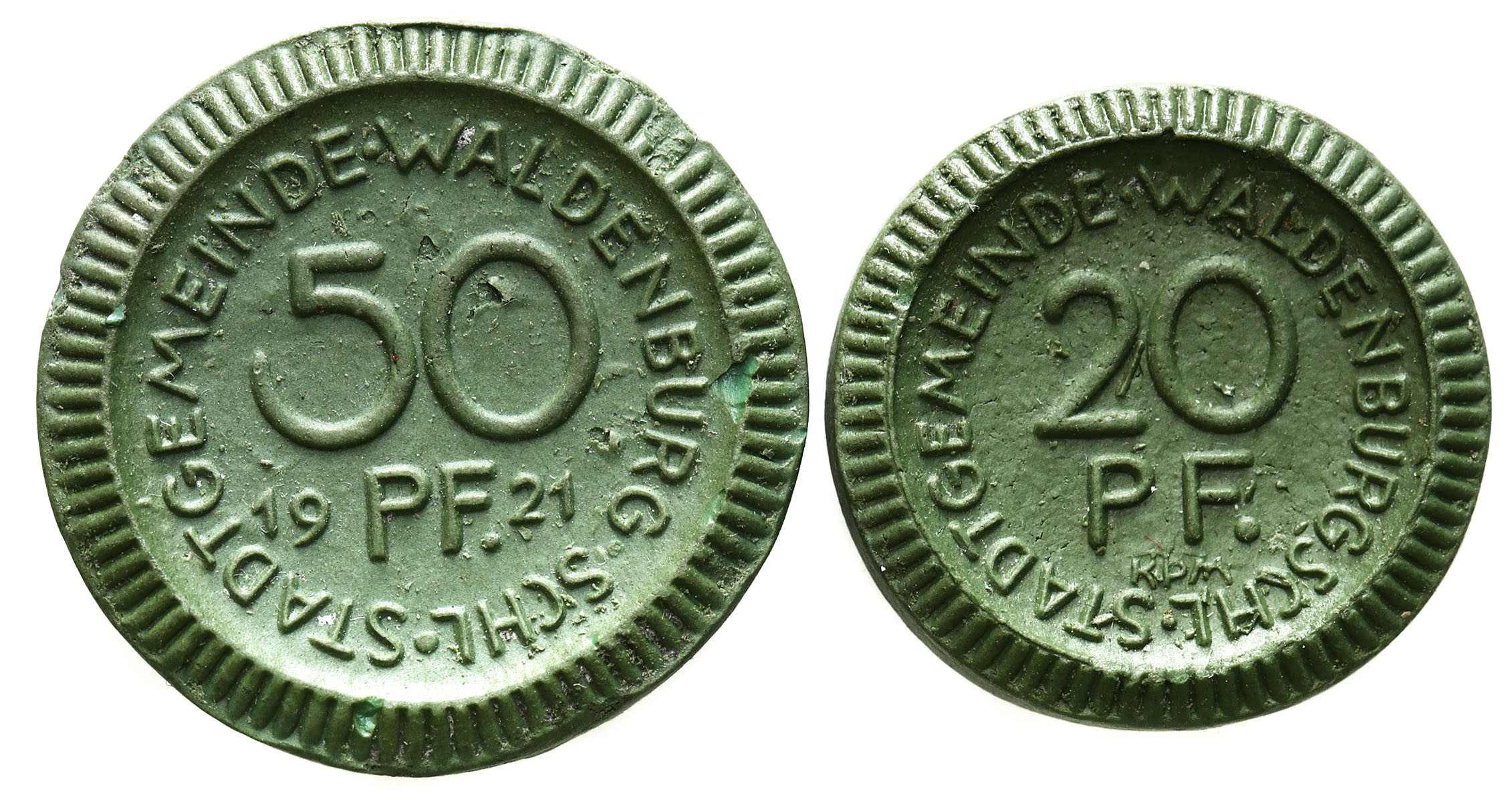 Waldenburg (Wałbrzych). 20 i 50 fenigów 1921, zestaw 2 monet